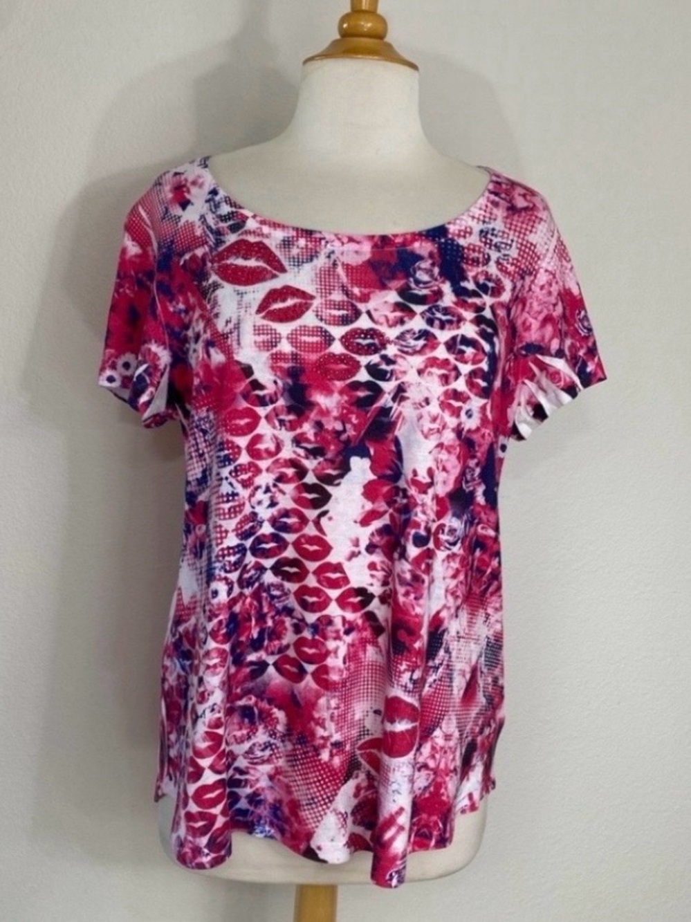 3/$25 Style & Co. Womens Pink White Abstract Bling Soft T-Shirt Size XL Tropical